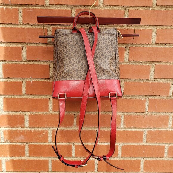 BNWoT DKNY Bryant Signature Top Zip Backpack in camel brown / candy red (OS) - Picture 3 of 8
